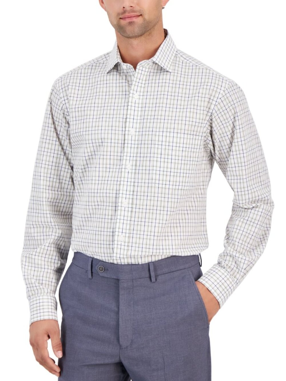 Club Room Men's Regular-Fit Plaid Dress Shirt. Macy's - White Navy Green NWT